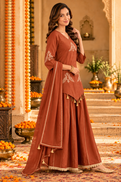 Brown Solid Peacock Embroidered Chanderi Silk Straight Short Kurta Set with Palazzo and Dupatta