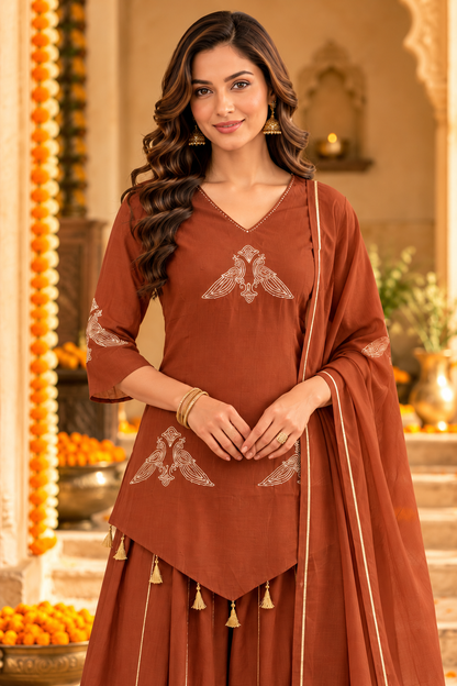 Brown Solid Peacock Embroidered Chanderi Silk Straight Short Kurta Set with Palazzo and Dupatta