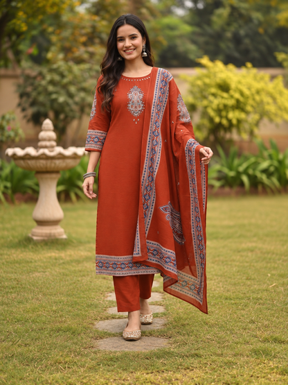 Rust Solid Floral Embroidered Cotton A-Line Kurta Set with Palazzo and Printed Dupatta