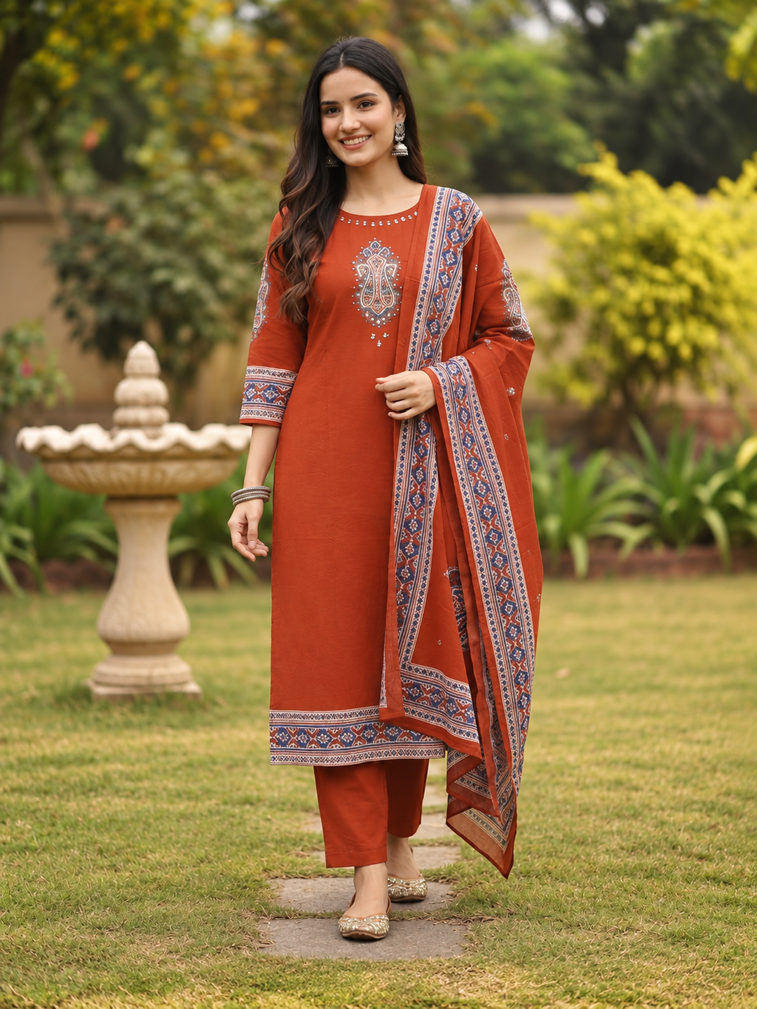 Rust Solid Floral Embroidered Cotton A-Line Kurta Set with Palazzo and Printed Dupatta
