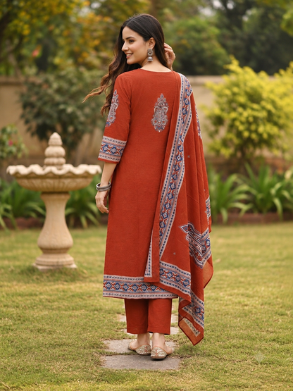 Rust Solid Floral Embroidered Cotton A-Line Kurta Set with Palazzo and Printed Dupatta