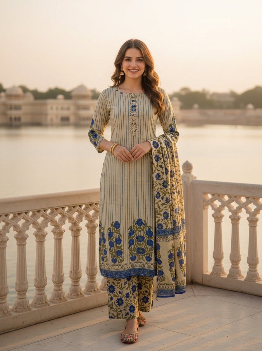 Blue Floral Ethnic Printed Embroidered Cotton A-Line Kurta Set with Palazzo and Dupatta