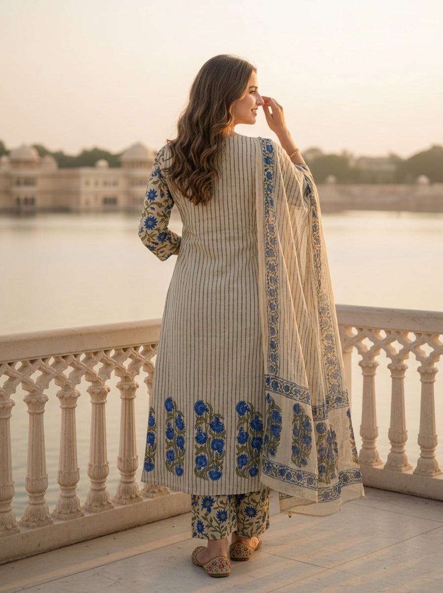 Blue Floral Ethnic Printed Embroidered Cotton A-Line Kurta Set with Palazzo and Dupatta