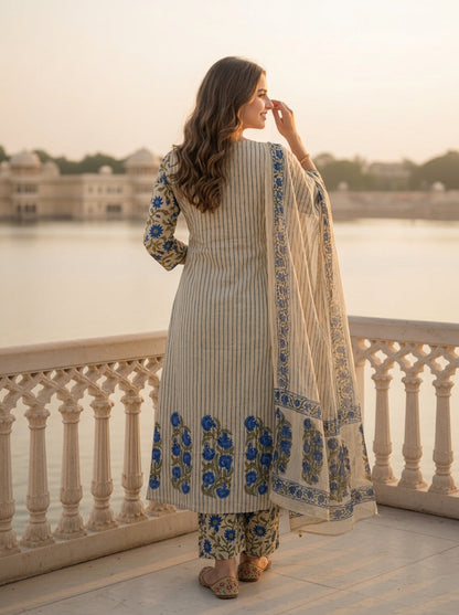 Blue Floral Ethnic Printed Embroidered Cotton A-Line Kurta Set with Palazzo and Dupatta