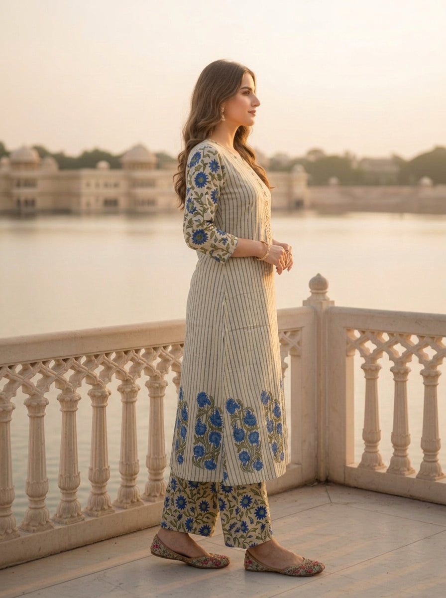 Blue Floral Ethnic Printed Embroidered Cotton A-Line Kurta Set with Palazzo and Dupatta