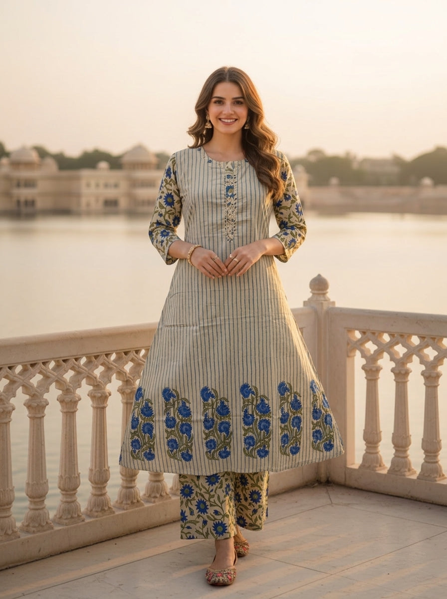 Blue Floral Ethnic Printed Embroidered Cotton A-Line Kurta Set with Palazzo and Dupatta