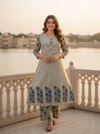Blue Floral Ethnic Printed Embroidered Cotton A-Line Kurta Set with Palazzo and Dupatta