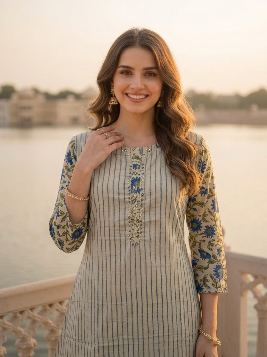 Blue Floral Ethnic Printed Embroidered Cotton A-Line Kurta Set with Palazzo and Dupatta