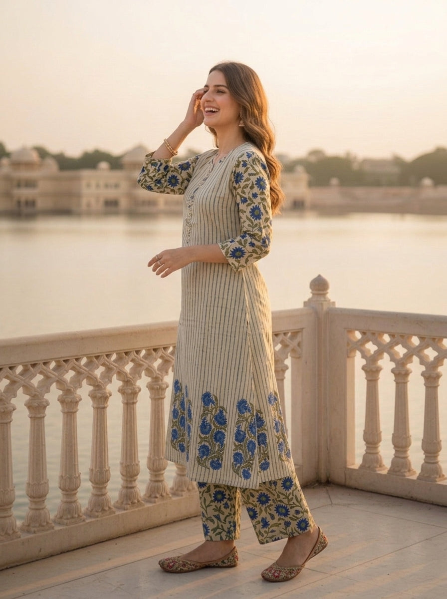 Blue Floral Ethnic Printed Embroidered Cotton A-Line Kurta Set with Palazzo and Dupatta