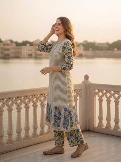 Blue Floral Ethnic Printed Embroidered Cotton A-Line Kurta Set with Palazzo and Dupatta