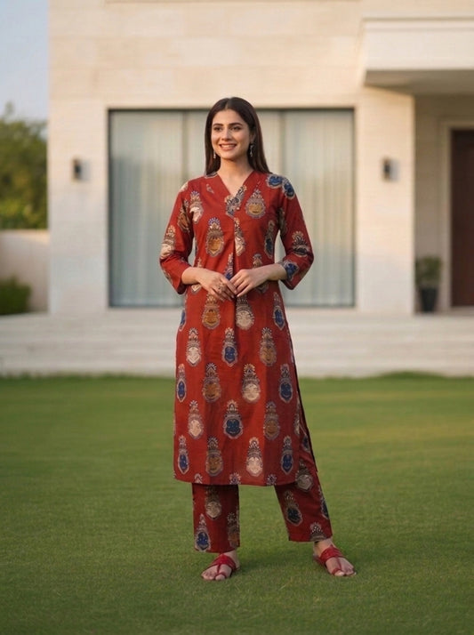 Rust Red Traditional Face Motif Printed Cotton Straight Kurta Set with Pant