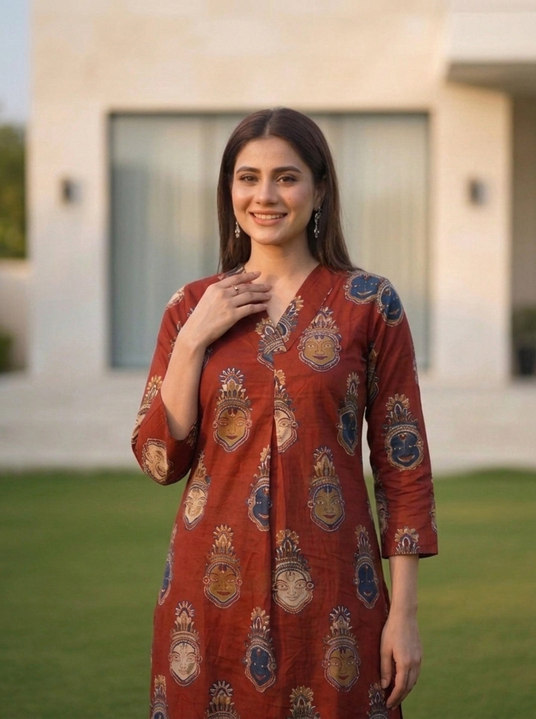 Rust Red Traditional Face Motif Printed Cotton Straight Kurta Set with Pant