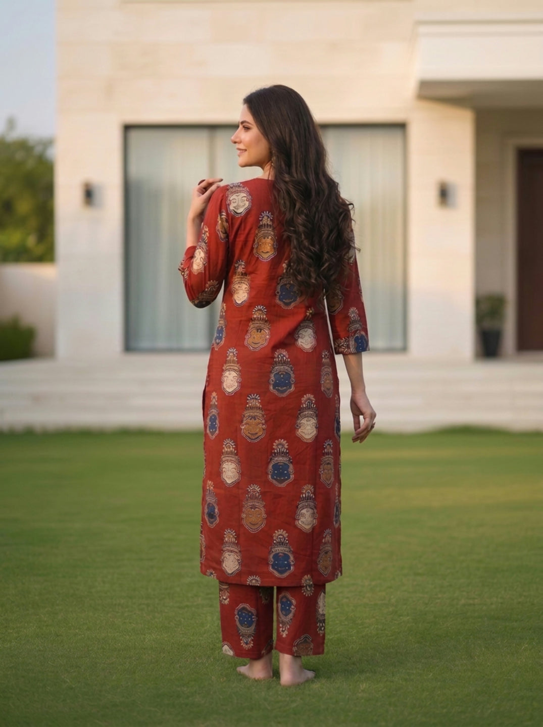 Rust Red Traditional Face Motif Printed Cotton Straight Kurta Set with Pant