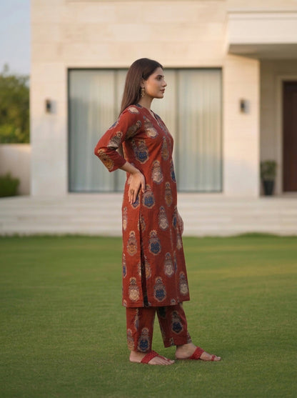 Rust Red Traditional Face Motif Printed Cotton Straight Kurta Set with Pant