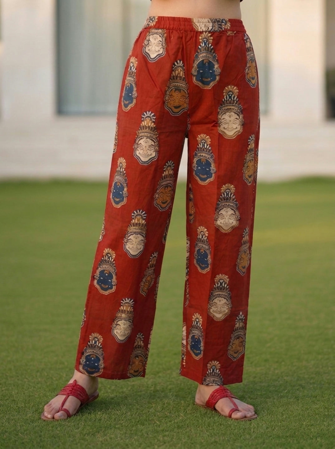 Rust Red Traditional Face Motif Printed Cotton Straight Kurta Set with Pant