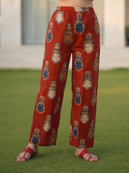 Rust Red Traditional Face Motif Printed Cotton Straight Kurta Set with Pant