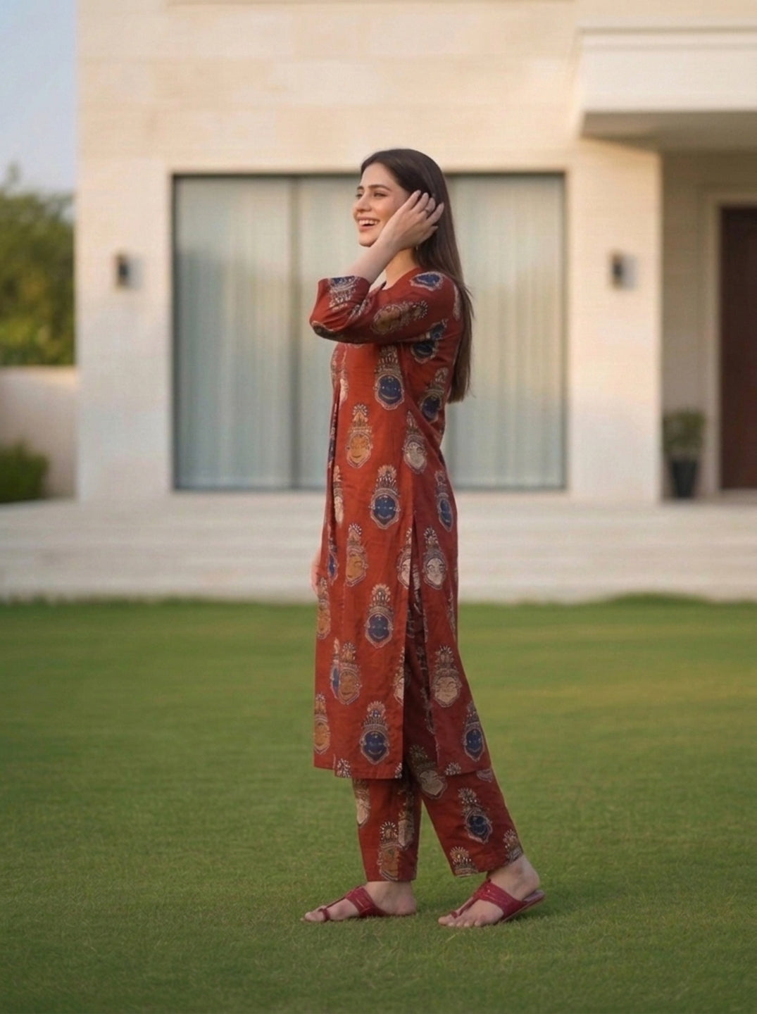 Rust Red Traditional Face Motif Printed Cotton Straight Kurta Set with Pant