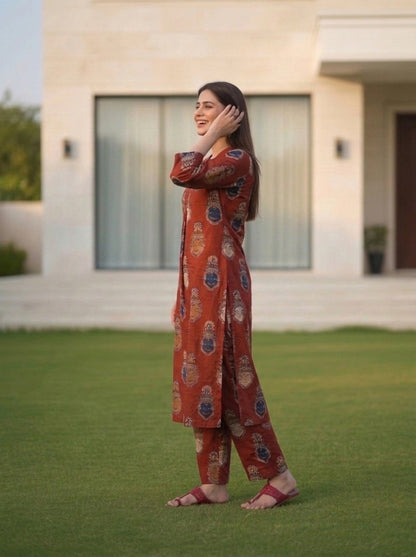 Rust Red Traditional Face Motif Printed Cotton Straight Kurta Set with Pant