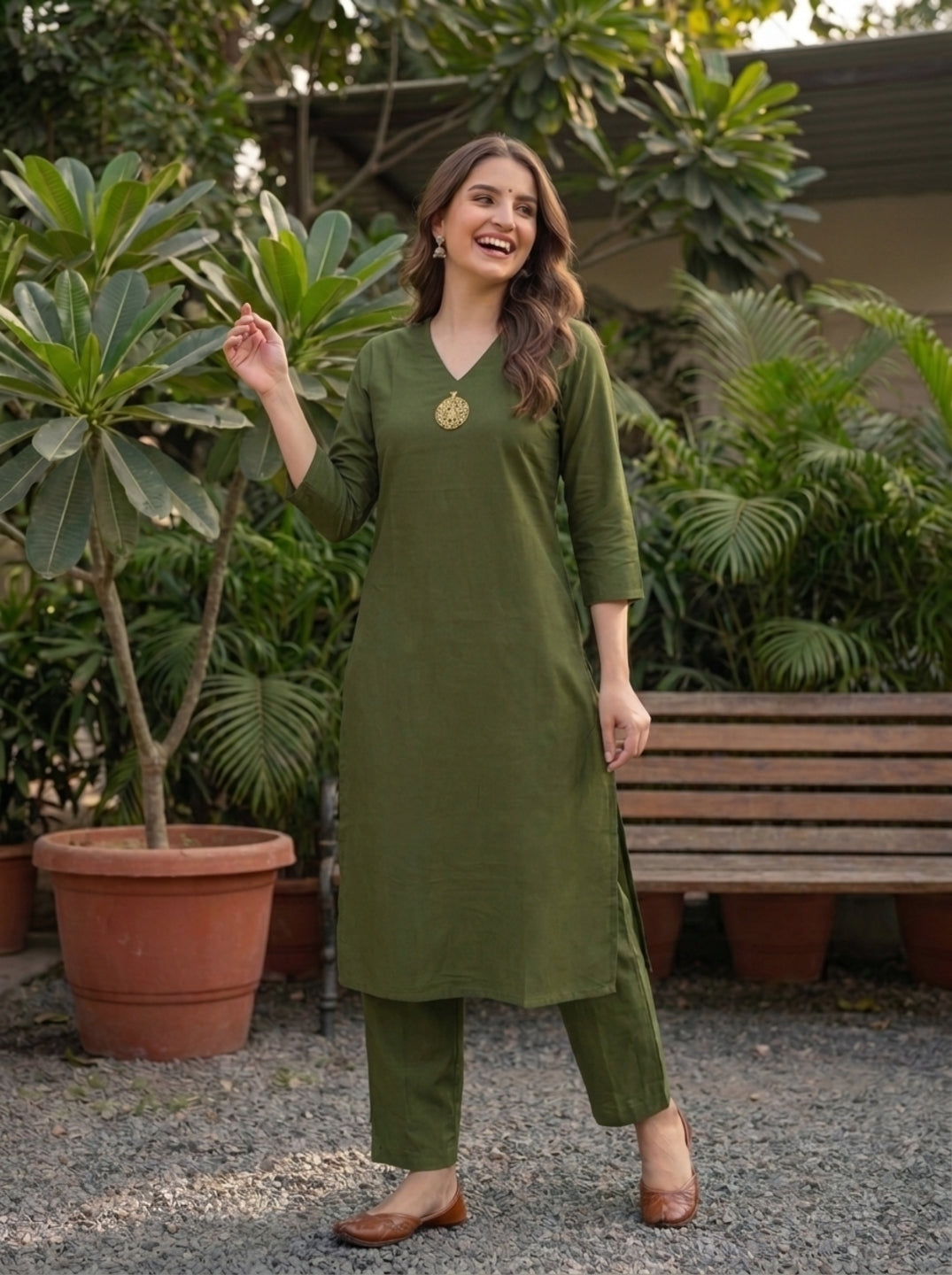 Moss Green Solid Oxidised Trimmed Silk Blend A-Line Co-ord Set with Palazzo
