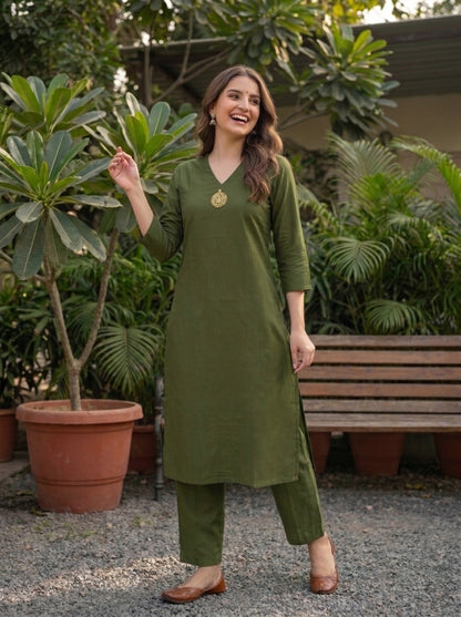 Moss Green Solid Oxidised Trimmed Silk Blend A-Line Co-ord Set with Palazzo