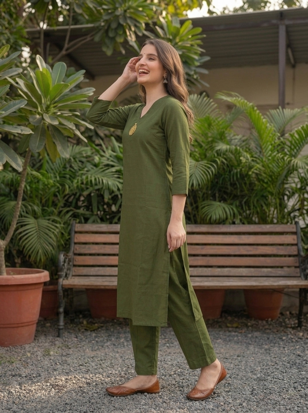 Moss Green Solid Oxidised Trimmed Silk Blend A-Line Co-ord Set with Palazzo