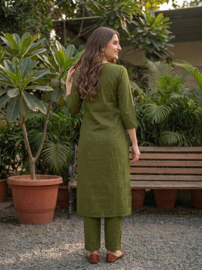 Moss Green Solid Oxidised Trimmed Silk Blend A-Line Co-ord Set with Palazzo