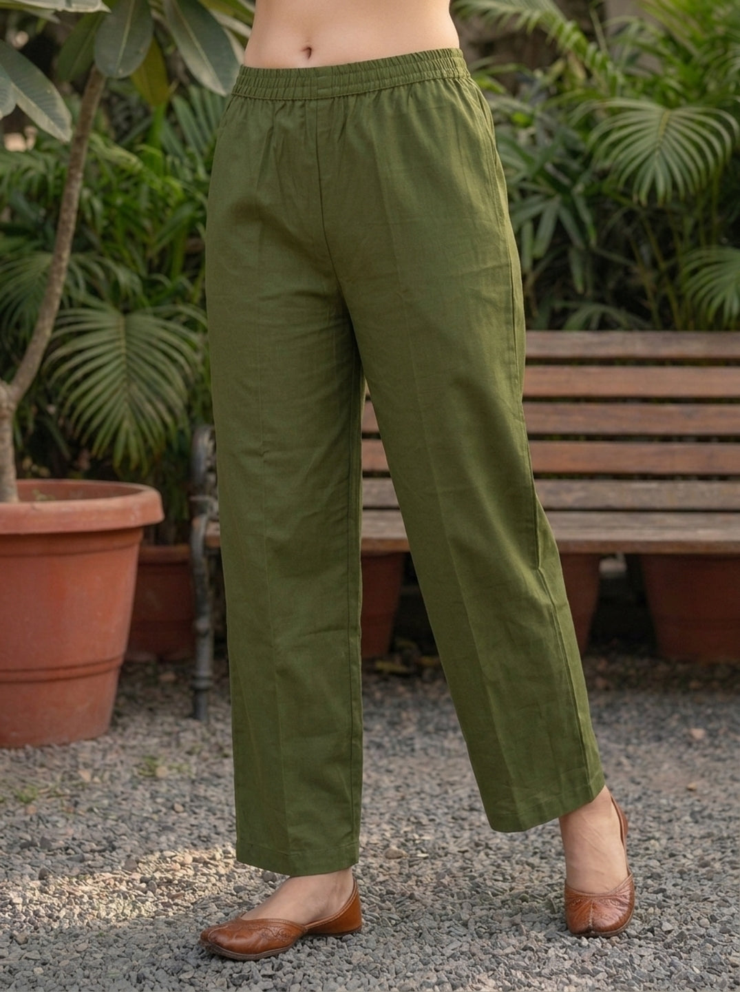 Moss Green Solid Oxidised Trimmed Silk Blend A-Line Co-ord Set with Palazzo
