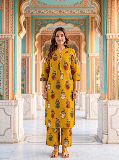 Mustard Yellow Ethnic Figurative Printed Cotton A-Line Co-ord Set with Palazzo