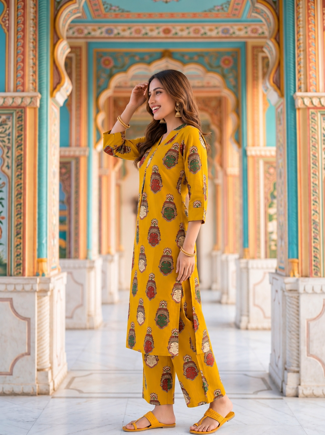 Mustard Yellow Ethnic Figurative Printed Cotton A-Line Co-ord Set with Palazzo