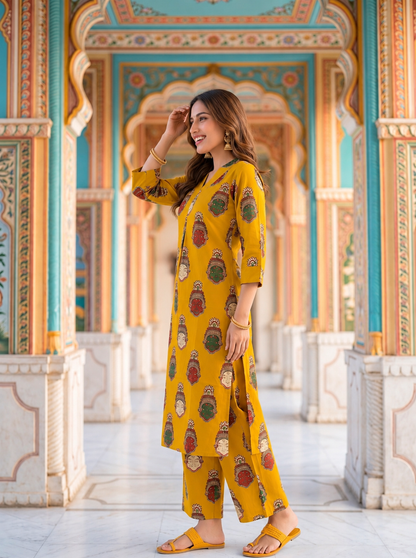 Mustard Yellow Ethnic Figurative Printed Cotton A-Line Co-ord Set with Palazzo