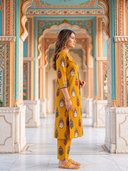 Mustard Yellow Ethnic Figurative Printed Cotton A-Line Co-ord Set with Palazzo