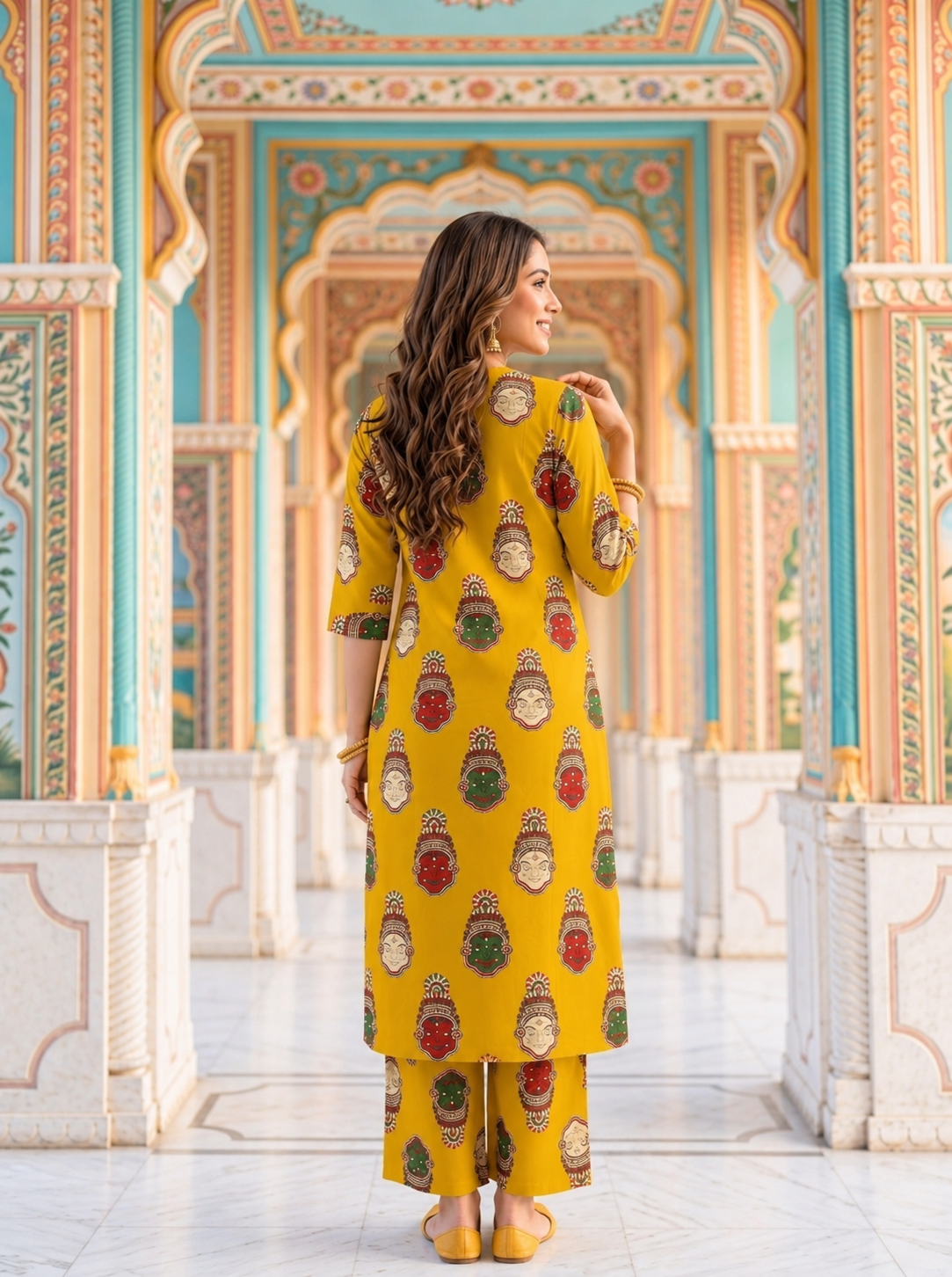 Mustard Yellow Ethnic Figurative Printed Cotton A-Line Co-ord Set with Palazzo