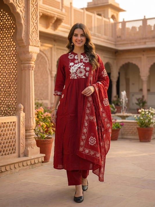 Solid Floral Embroidered A-Line Pleated Kurta with Pant and Dupatta - Maroon