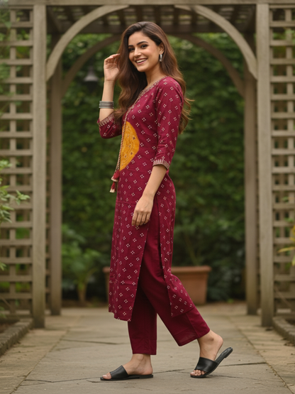 Maroon Bandhani Printed Mirror Embroidered Cotton Straight Kurta Set with Pant and Dupatta