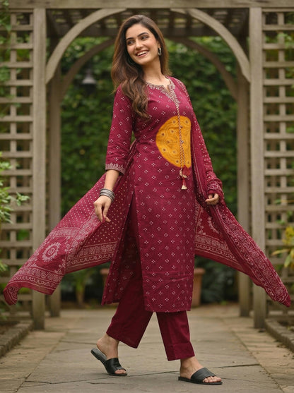 Maroon Bandhani Printed Mirror Embroidered Cotton Straight Kurta Set with Pant and Dupatta
