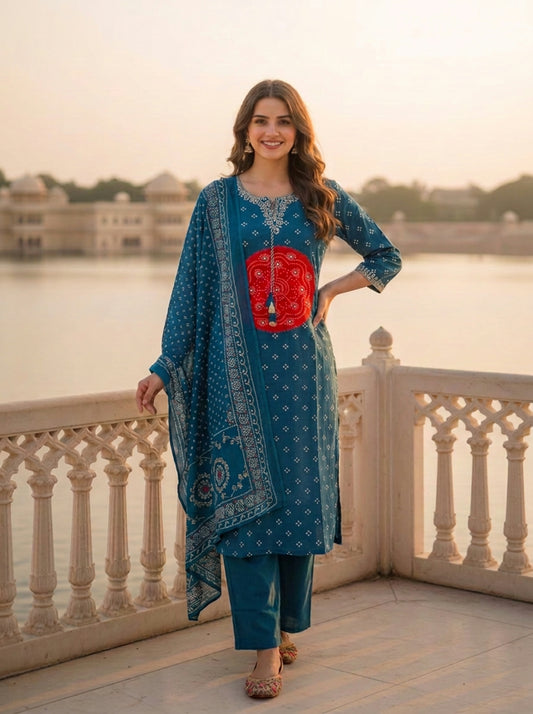 Teal Blue Bandhani Printed Mirror Embroidered Cotton Straight Kurta Set with Pant and Dupatta
