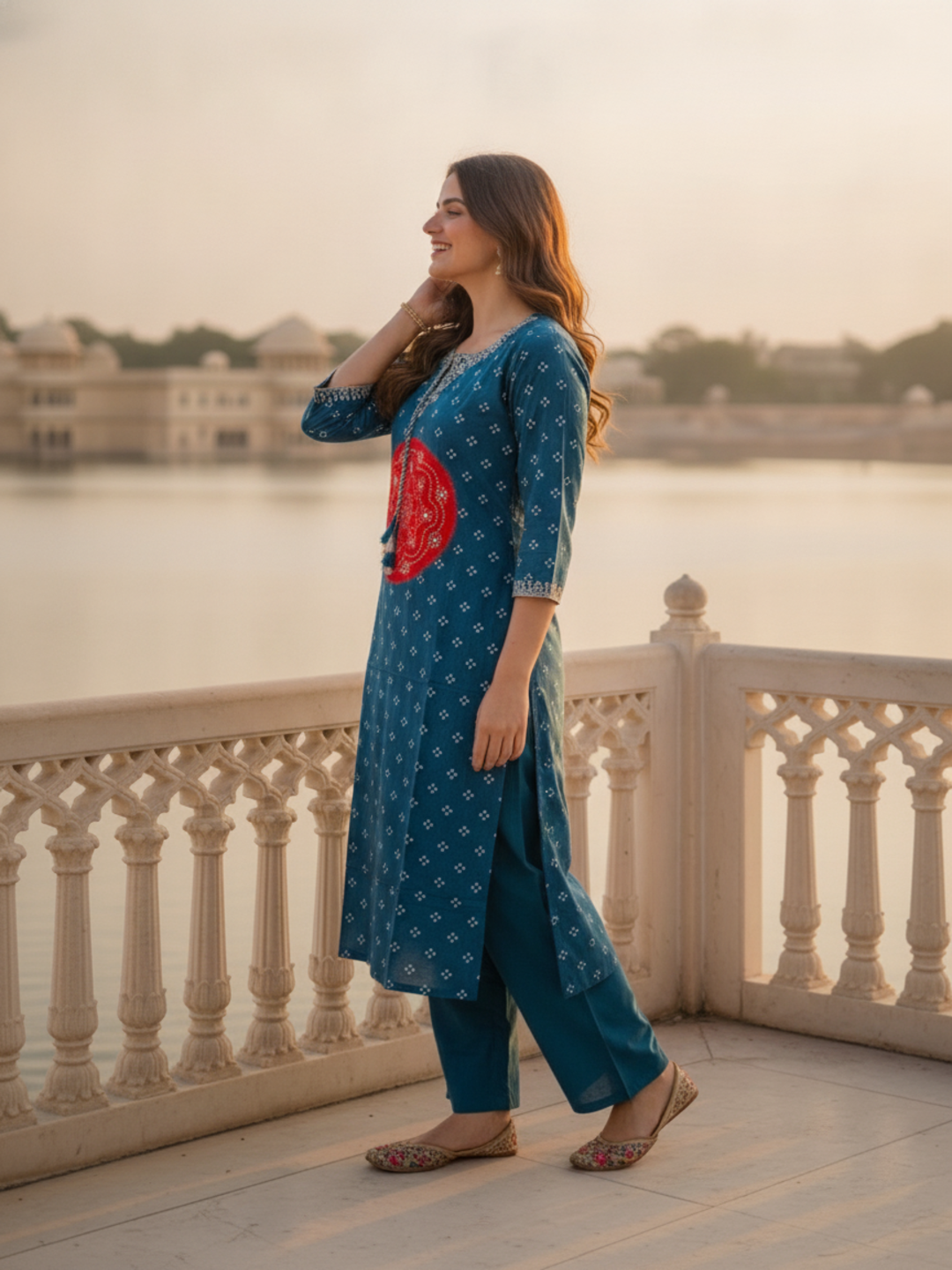 Teal Blue Bandhani Printed Mirror Embroidered Cotton Straight Kurta Set with Pant and Dupatta