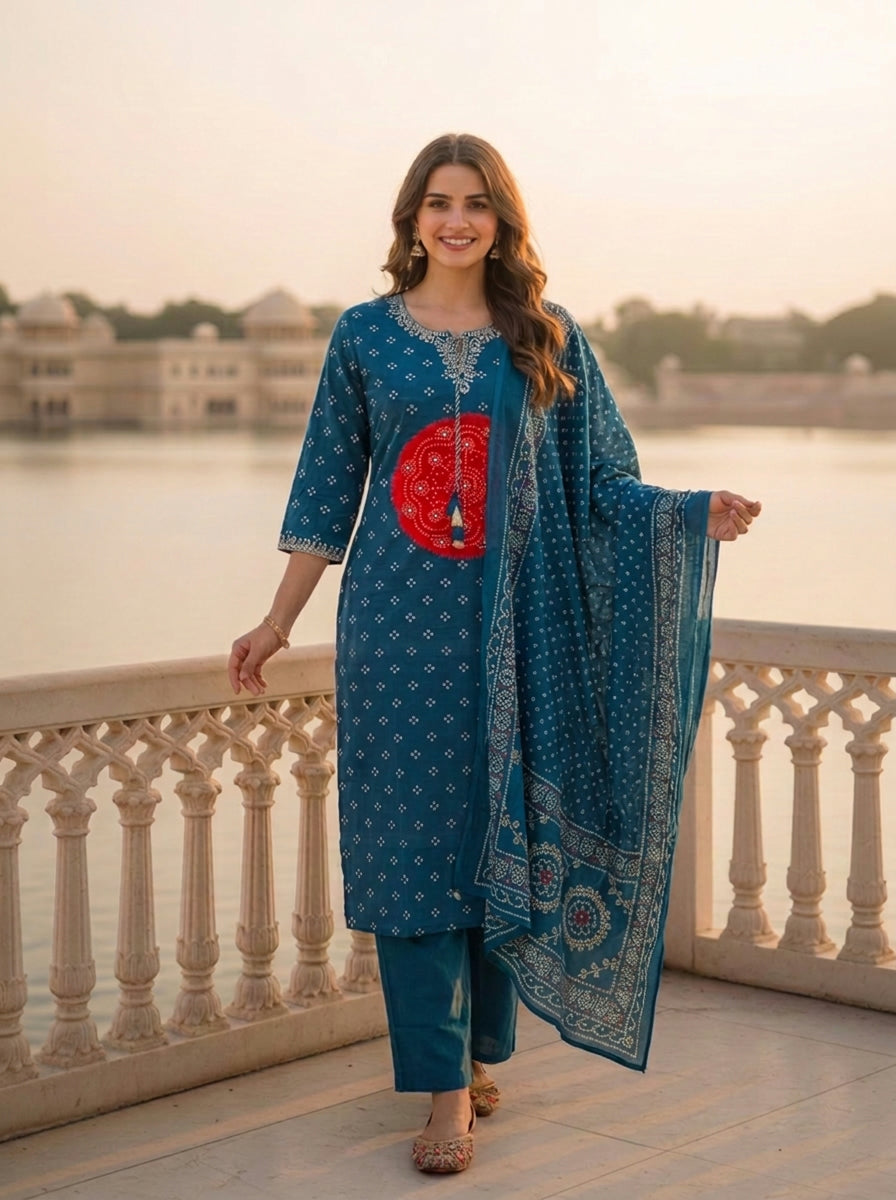 Teal Blue Bandhani Printed Mirror Embroidered Cotton Straight Kurta Set with Pant and Dupatta