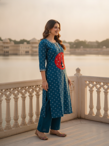 Teal Blue Bandhani Printed Mirror Embroidered Cotton Straight Kurta Set with Pant and Dupatta