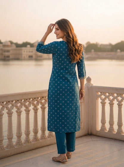 Teal Blue Bandhani Printed Mirror Embroidered Cotton Straight Kurta Set with Pant and Dupatta