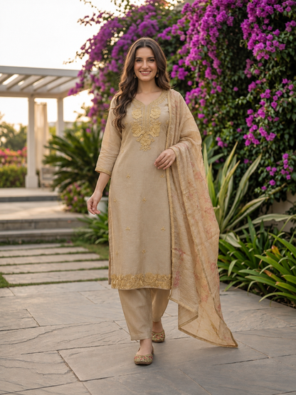 Taupe Solid Floral Hand-Embroidered Tissue A-Line Kurta Set with Palazzo and Printed Dupatta