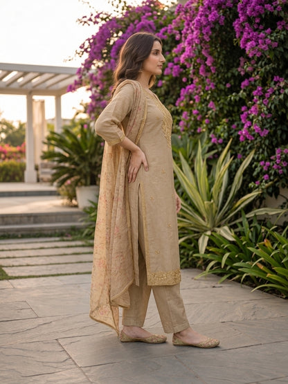 Taupe Solid Floral Hand-Embroidered Tissue A-Line Kurta Set with Palazzo and Printed Dupatta