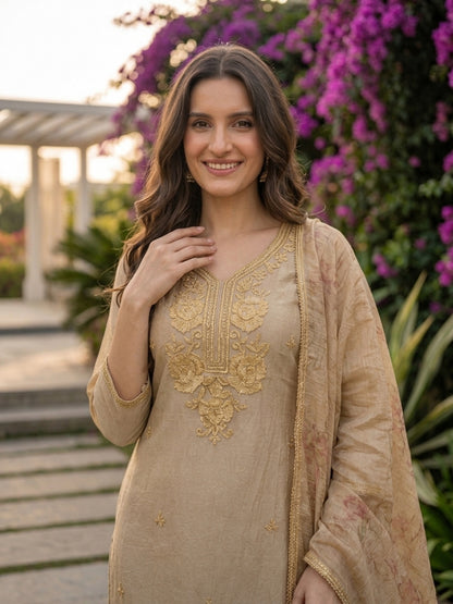 Taupe Solid Floral Hand-Embroidered Tissue A-Line Kurta Set with Palazzo and Printed Dupatta