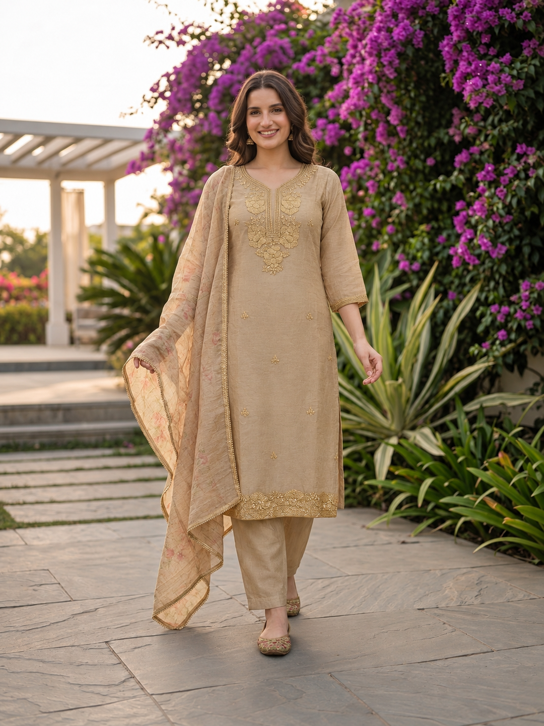 Taupe Solid Floral Hand-Embroidered Tissue A-Line Kurta Set with Palazzo and Printed Dupatta