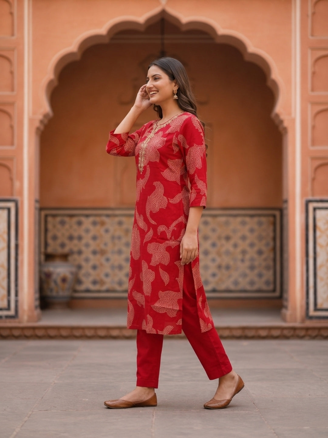 Bandhani Printed & Embroidered Straight Kurta with Pant & Dupatta - Crimson Red