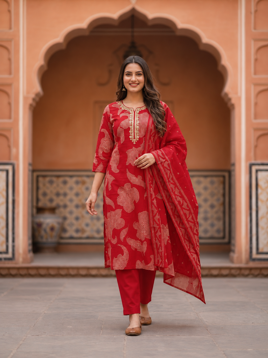 Bandhani Printed & Embroidered Straight Kurta with Pant & Dupatta - Crimson Red
