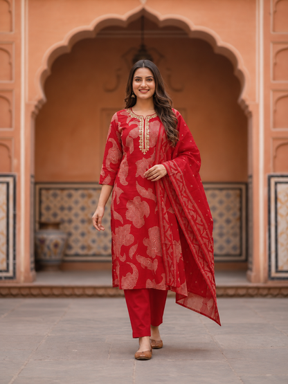Bandhani Printed & Embroidered Straight Kurta with Pant & Dupatta - Crimson Red