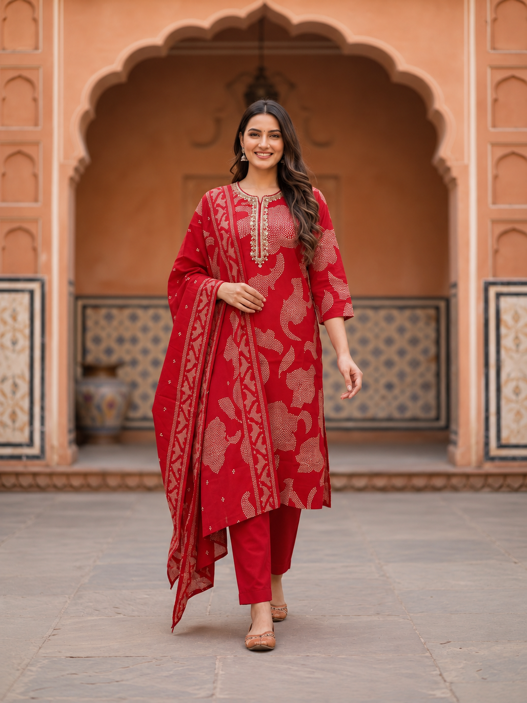 Bandhani Printed & Embroidered Straight Kurta with Pant & Dupatta - Crimson Red