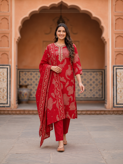 Bandhani Printed & Embroidered Straight Kurta with Pant & Dupatta - Crimson Red