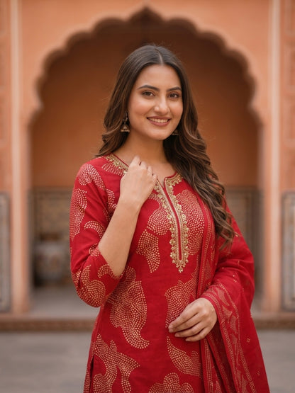Bandhani Printed & Embroidered Straight Kurta with Pant & Dupatta - Crimson Red